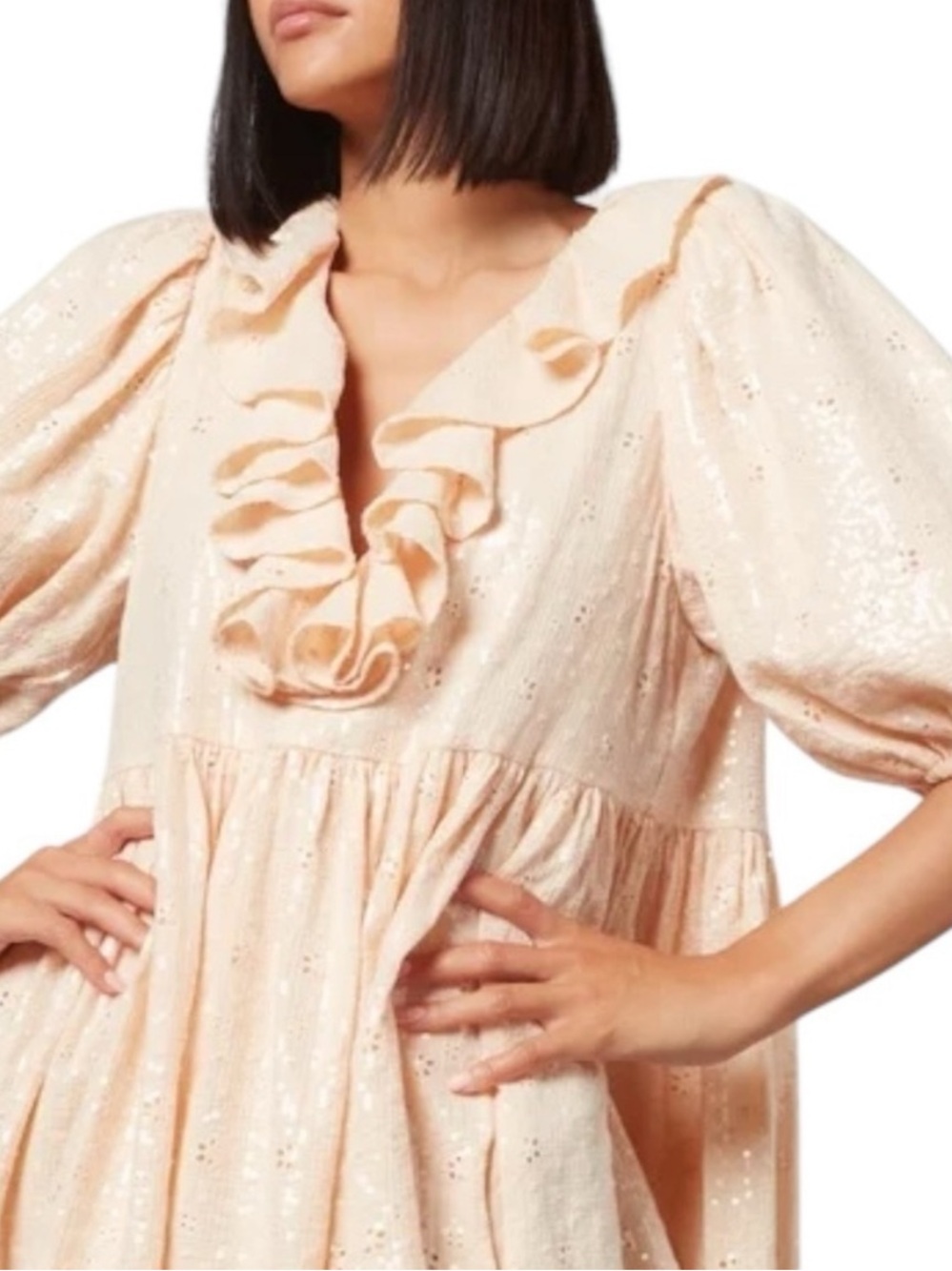 STINE GOYA Imperial Eyelet Sequin Ruffle Neck Dress size Small